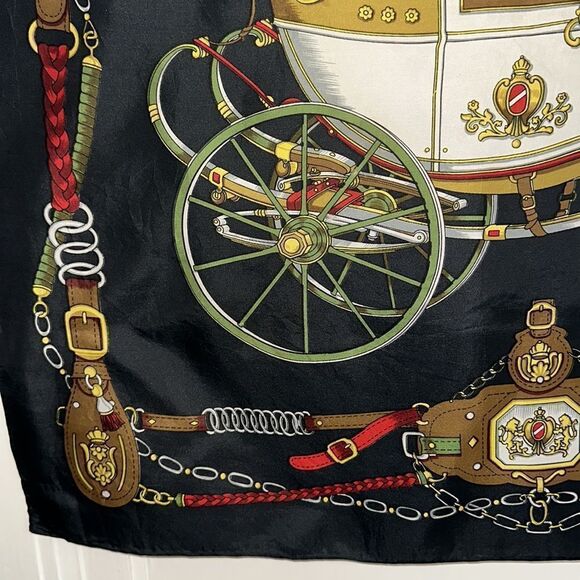 Vintage 80s or 90s black silk square scarf with a carriage print - Picture 5 of 8